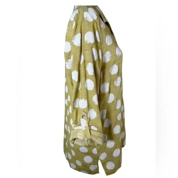 Lior Paris Funky Chartreuse Green Polka Dot Roll Tab 3/4 Sleeve Button Front Top - Picture 3 of 8